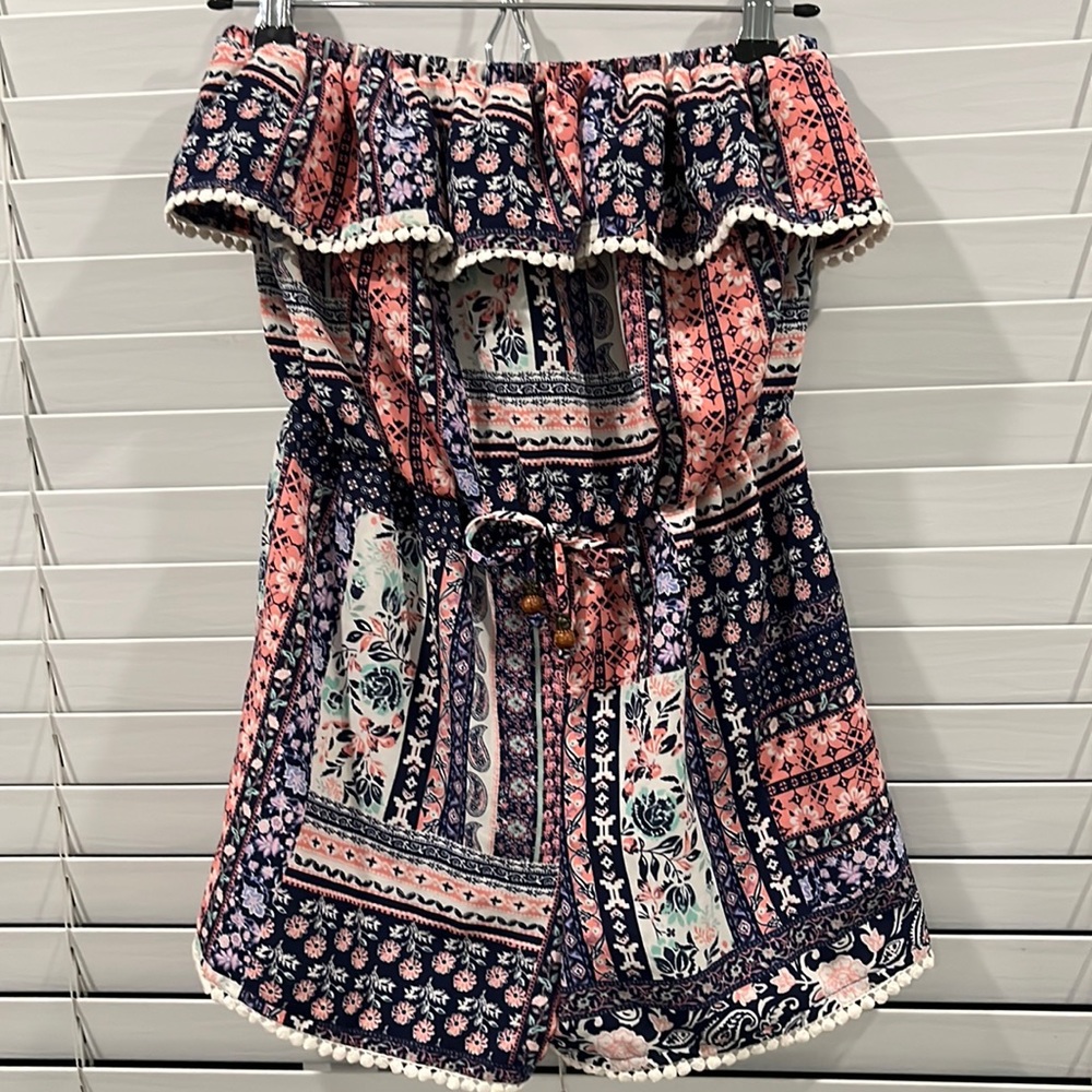 Rewind (Juniors) Small Patchwork off the Shoulder romper